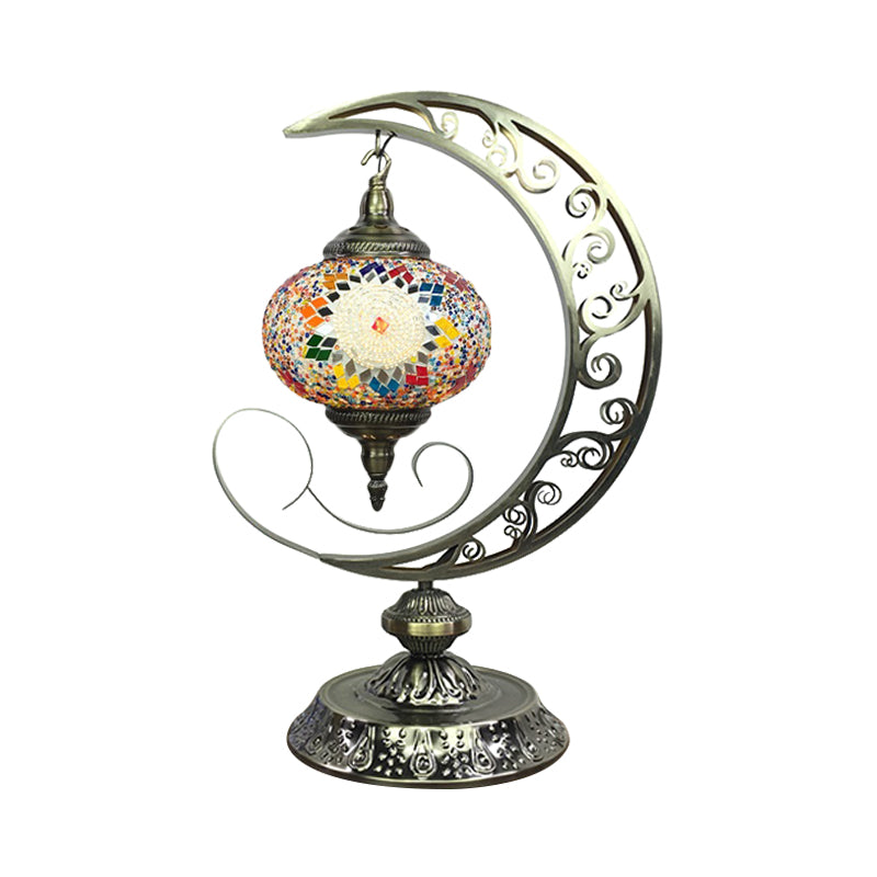 Global Bedroom Nightstand Lamp Decorative Stained Glass 1 Light White/Red/Pink Desk Light with Moon Design Green Clearhalo 'Lamps' 'Table Lamps' Lighting' 1950517