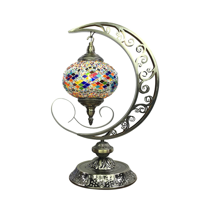 Global Bedroom Nightstand Lamp Decorative Stained Glass 1 Light White/Red/Pink Desk Light with Moon Design Orange Clearhalo 'Lamps' 'Table Lamps' Lighting' 1950519