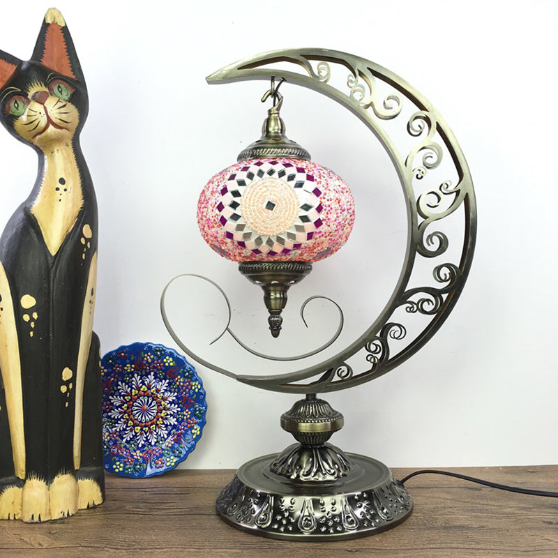 Global Bedroom Nightstand Lamp Decorative Stained Glass 1 Light White/Red/Pink Desk Light with Moon Design Clearhalo 'Lamps' 'Table Lamps' Lighting' 1950520