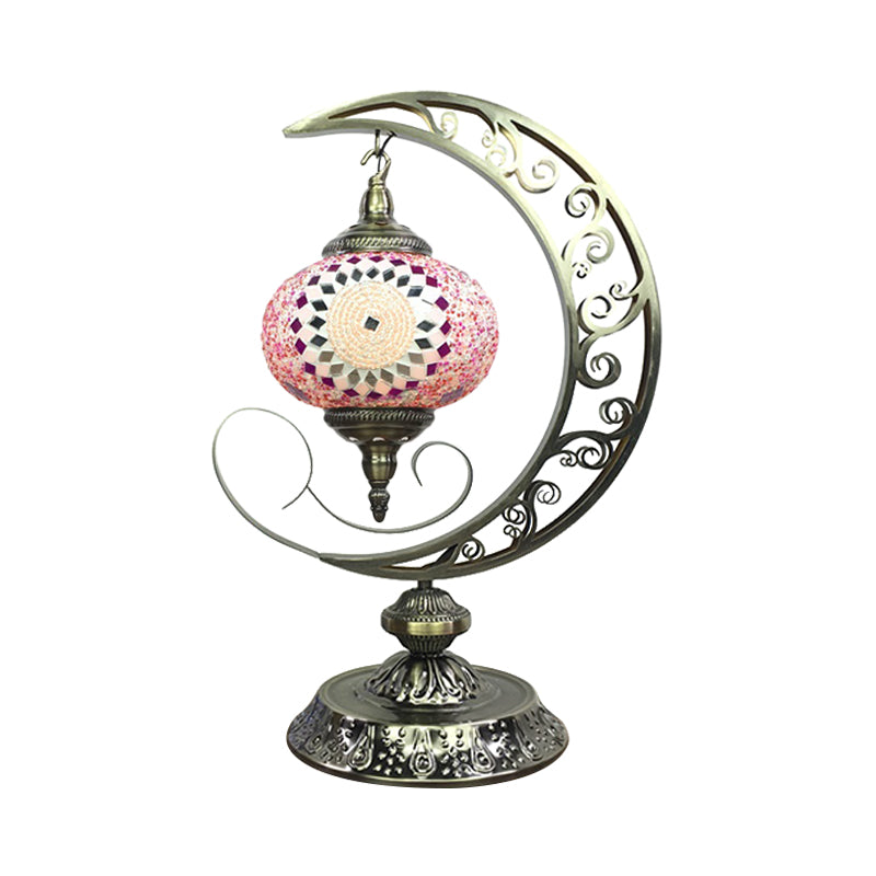 Global Bedroom Nightstand Lamp Decorative Stained Glass 1 Light White/Red/Pink Desk Light with Moon Design Pink Clearhalo 'Lamps' 'Table Lamps' Lighting' 1950521