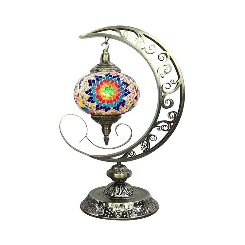 Global Bedroom Nightstand Lamp Decorative Stained Glass 1 Light White/Red/Pink Desk Light with Moon Design Dark Blue Clearhalo 'Lamps' 'Table Lamps' Lighting' 1950523