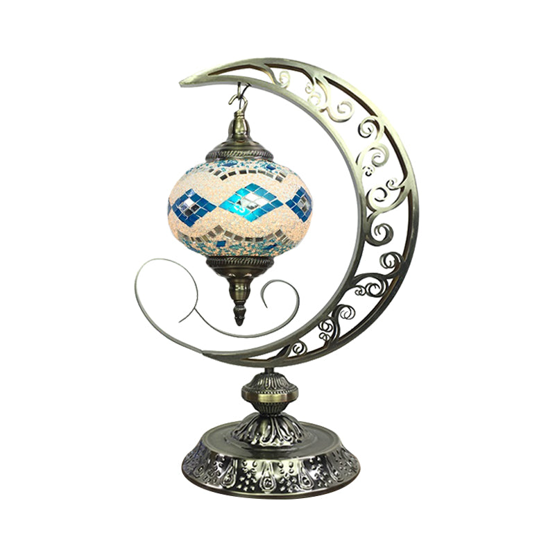 Global Bedroom Nightstand Lamp Decorative Stained Glass 1 Light White/Red/Pink Desk Light with Moon Design White-Blue Clearhalo 'Lamps' 'Table Lamps' Lighting' 1950525