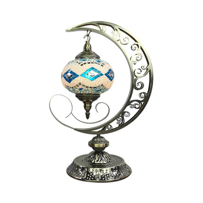 Global Bedroom Nightstand Lamp Decorative Stained Glass 1 Light White/Red/Pink Desk Light with Moon Design White-Blue Clearhalo 'Lamps' 'Table Lamps' Lighting' 1950525