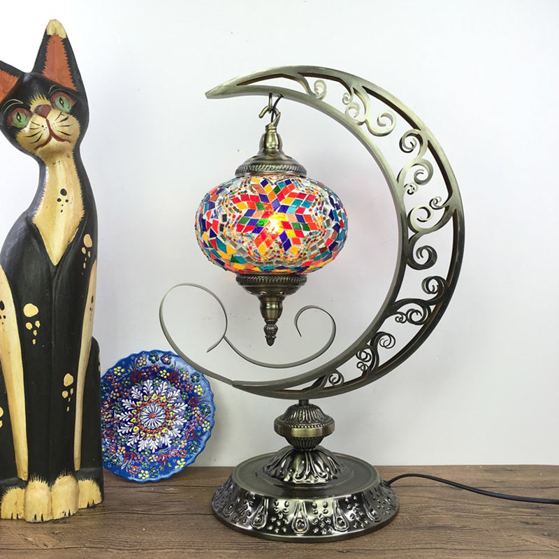 Global Bedroom Nightstand Lamp Decorative Stained Glass 1 Light White/Red/Pink Desk Light with Moon Design Clearhalo 'Lamps' 'Table Lamps' Lighting' 1950526