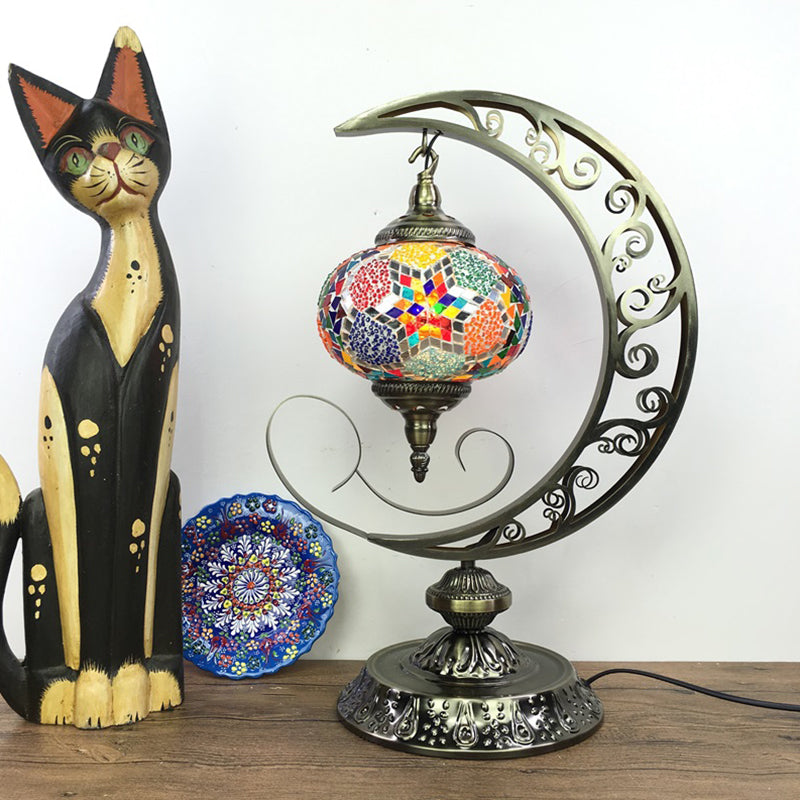 Global Bedroom Nightstand Lamp Decorative Stained Glass 1 Light White/Red/Pink Desk Light with Moon Design Clearhalo 'Lamps' 'Table Lamps' Lighting' 1950528