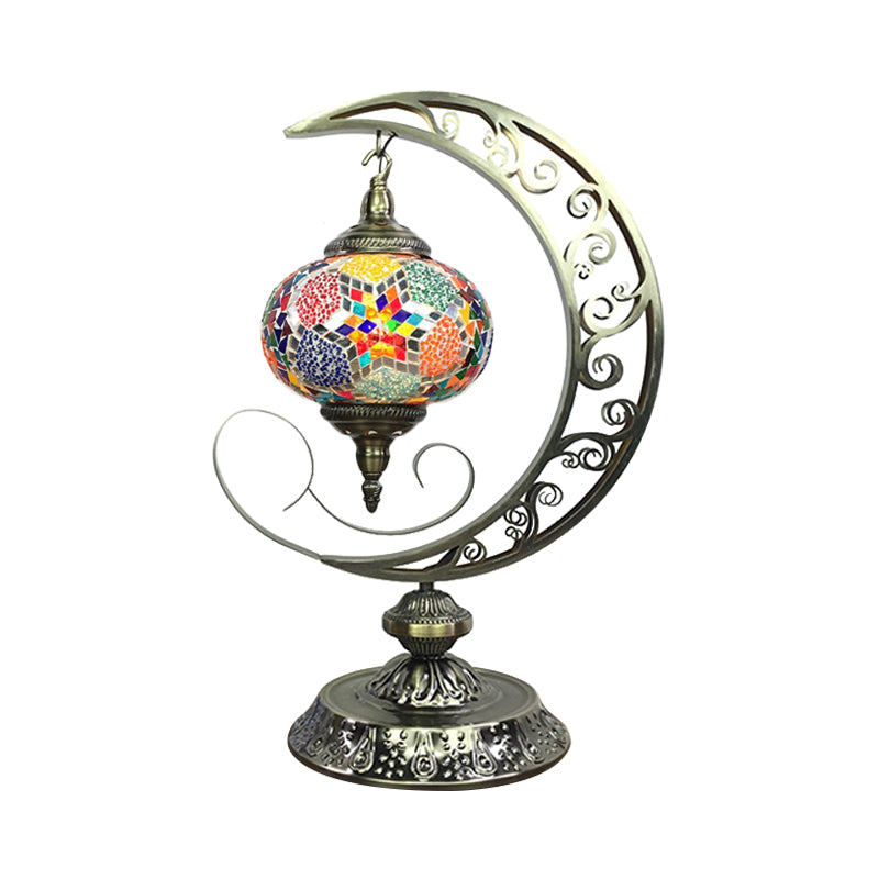 Global Bedroom Nightstand Lamp Decorative Stained Glass 1 Light White/Red/Pink Desk Light with Moon Design Yellow-Green Clearhalo 'Lamps' 'Table Lamps' Lighting' 1950529