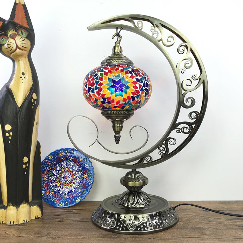 Global Bedroom Nightstand Lamp Decorative Stained Glass 1 Light White/Red/Pink Desk Light with Moon Design Clearhalo 'Lamps' 'Table Lamps' Lighting' 1950530