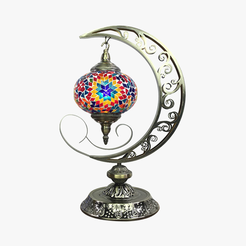 Global Bedroom Nightstand Lamp Decorative Stained Glass 1 Light White/Red/Pink Desk Light with Moon Design Clearhalo 'Lamps' 'Table Lamps' Lighting' 1950532