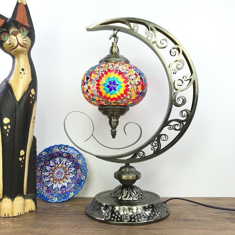 Global Bedroom Nightstand Lamp Decorative Stained Glass 1 Light White/Red/Pink Desk Light with Moon Design Clearhalo 'Lamps' 'Table Lamps' Lighting' 1950533