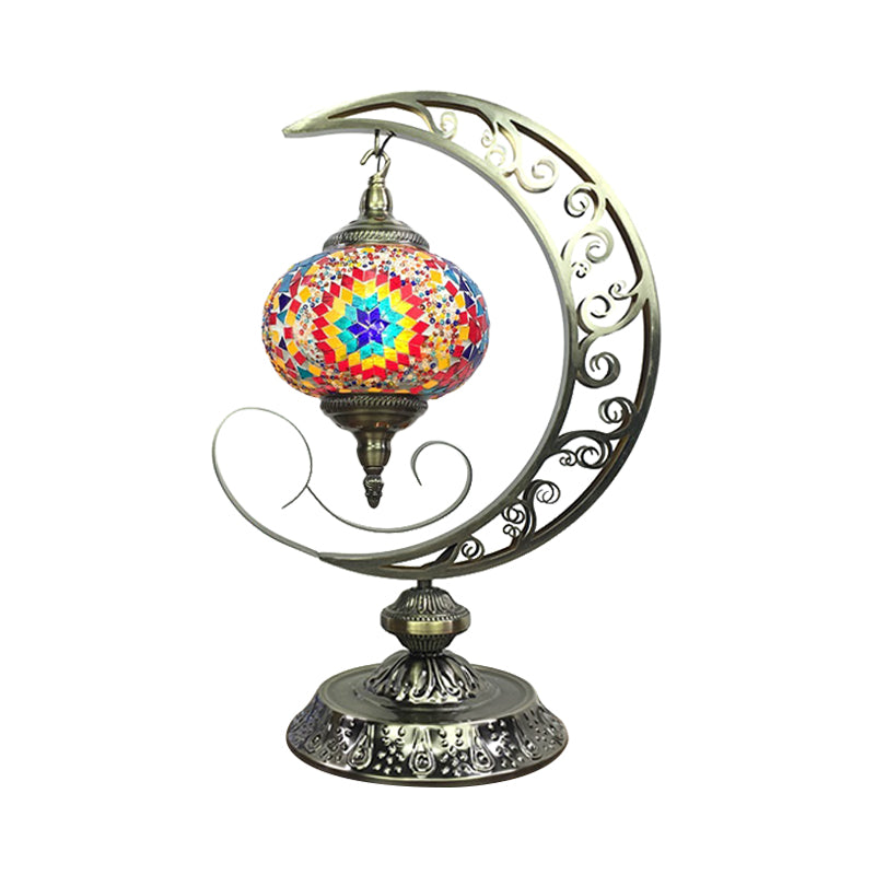 Global Bedroom Nightstand Lamp Decorative Stained Glass 1 Light White/Red/Pink Desk Light with Moon Design Red Clearhalo 'Lamps' 'Table Lamps' Lighting' 1950534