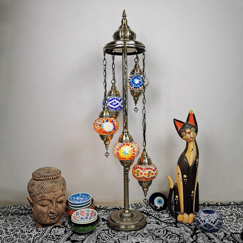 5 Heads Stained Art Glass Floor Light Traditional Beige/Red/Yellow Elliptical Bedroom Standing Lamp Clearhalo 'Floor Lamps' 'Lamps' Lighting' 1950541