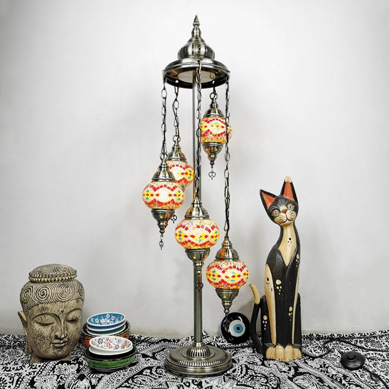 5 Heads Stained Art Glass Floor Light Traditional Beige/Red/Yellow Elliptical Bedroom Standing Lamp Beige Clearhalo 'Floor Lamps' 'Lamps' Lighting' 1950546