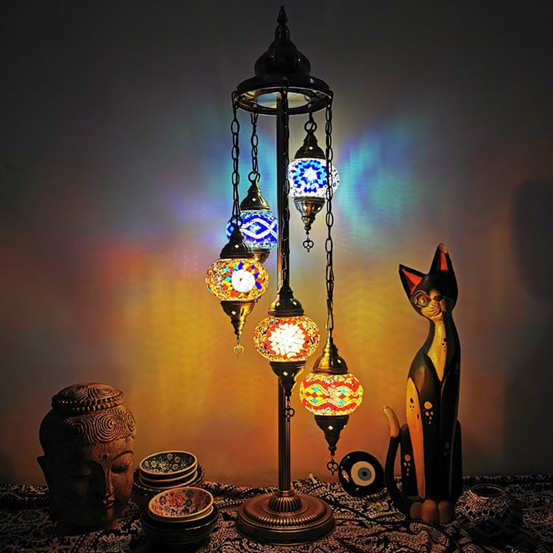 5 Heads Stained Art Glass Floor Light Traditional Beige/Red/Yellow Elliptical Bedroom Standing Lamp Yellow Clearhalo 'Floor Lamps' 'Lamps' Lighting' 1950549