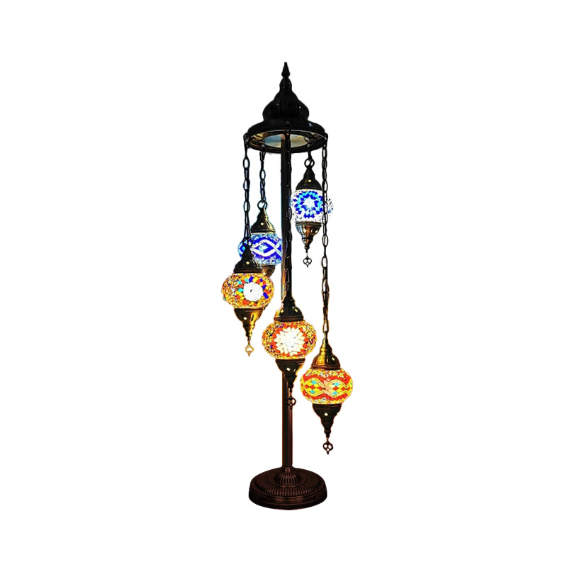 5 Heads Stained Art Glass Floor Light Traditional Beige/Red/Yellow Elliptical Bedroom Standing Lamp Clearhalo 'Floor Lamps' 'Lamps' Lighting' 1950550