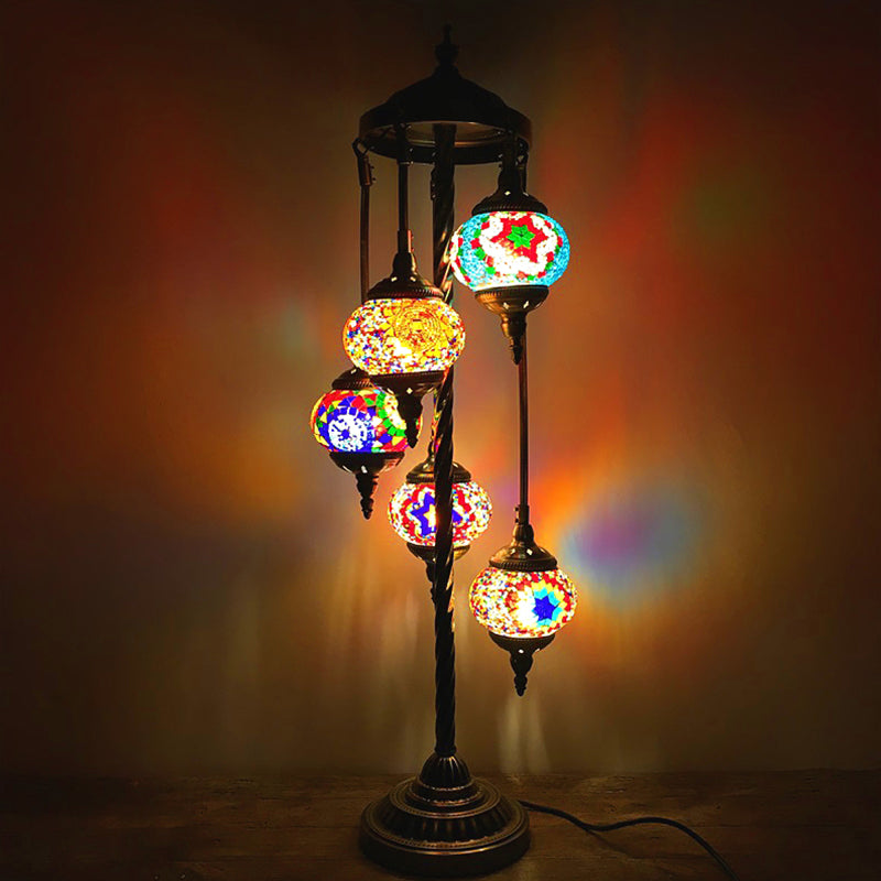 5 Heads Stained Art Glass Floor Light Traditional Beige/Red/Yellow Elliptical Bedroom Standing Lamp Orange Clearhalo 'Floor Lamps' 'Lamps' Lighting' 1950554