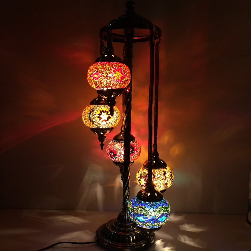 5 Heads Stained Art Glass Floor Light Traditional Beige/Red/Yellow Elliptical Bedroom Standing Lamp Red-Yellow Clearhalo 'Floor Lamps' 'Lamps' Lighting' 1950556