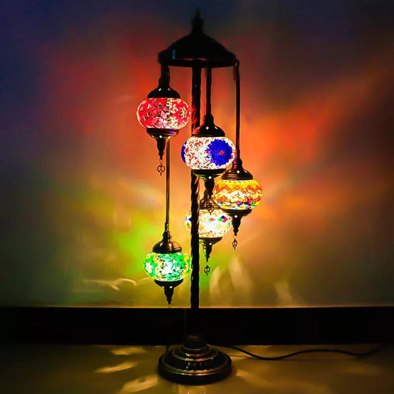 5 Heads Stained Art Glass Floor Light Traditional Beige/Red/Yellow Elliptical Bedroom Standing Lamp Red Clearhalo 'Floor Lamps' 'Lamps' Lighting' 1950561