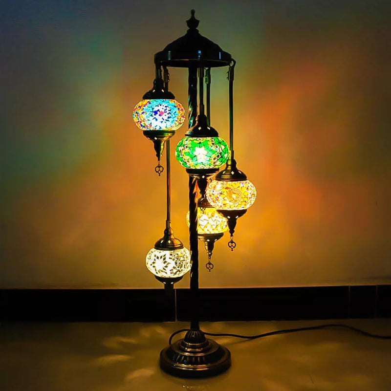 5 Heads Stained Art Glass Floor Light Traditional Beige/Red/Yellow Elliptical Bedroom Standing Lamp Green Clearhalo 'Floor Lamps' 'Lamps' Lighting' 1950564