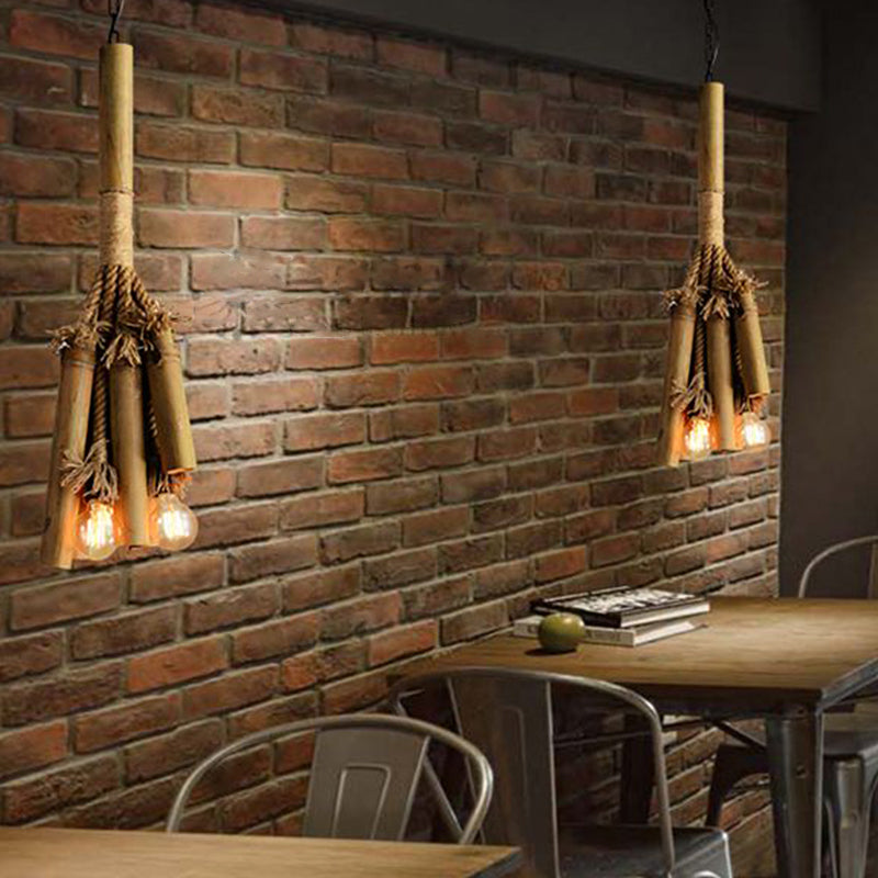 Rope Tubular Chandelier Lamp Warehouse 3 Heads Restaurant Bamboo Pendant Lighting Fixture in Brown with Open Bulb Design Brown Clearhalo 'Ceiling Lights' 'Chandeliers' 'Industrial Chandeliers' 'Industrial' 'Middle Century Chandeliers' 'Tiffany' Lighting' 1950570