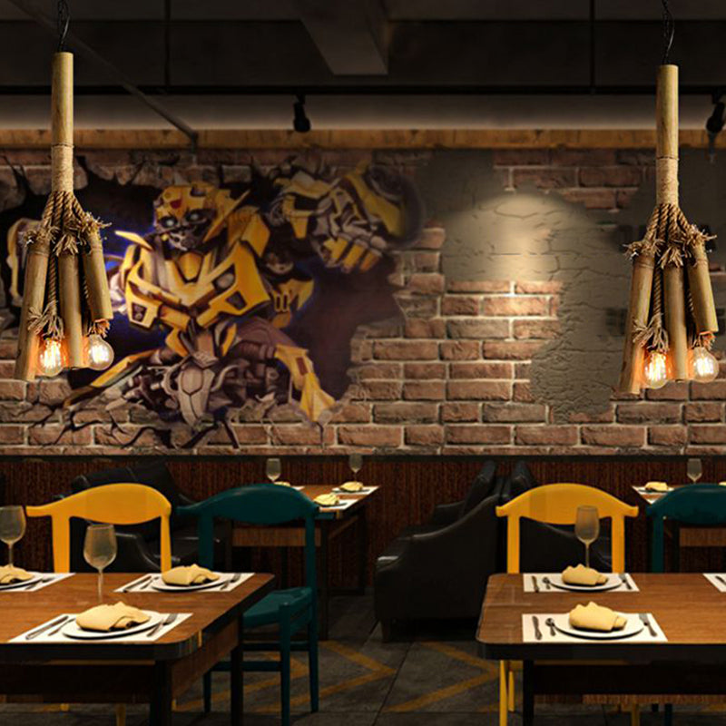 Restorent Bulb Rope Rope Tubular Chandelier Lamp Warehouse 3 Heads Restaurant Bamboo ...