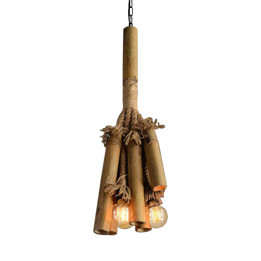 Rope Tubular Chandelier Lamp Warehouse 3 Heads Restaurant Bamboo Pendant Lighting Fixture in Brown with Open Bulb Design Clearhalo 'Ceiling Lights' 'Chandeliers' 'Industrial Chandeliers' 'Industrial' 'Middle Century Chandeliers' 'Tiffany' Lighting' 1950572