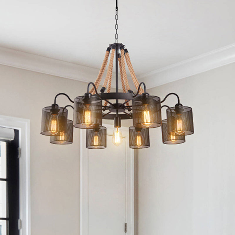 8/12-Light Cylinder Hanging Chandelier Factory Black Metal Mesh Suspension Pendant for Restaurant with Rope Cord Clearhalo 'Ceiling Lights' 'Chandeliers' 'Industrial Chandeliers' 'Industrial' 'Middle Century Chandeliers' 'Tiffany' Lighting' 1950580