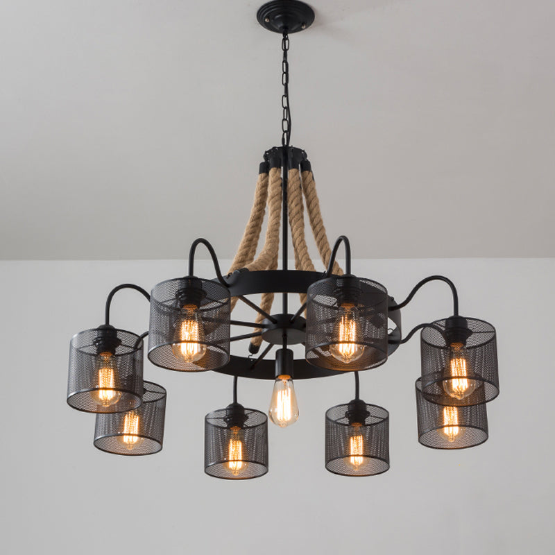8/12-Light Cylinder Hanging Chandelier Factory Black Metal Mesh Suspension Pendant for Restaurant with Rope Cord Clearhalo 'Ceiling Lights' 'Chandeliers' 'Industrial Chandeliers' 'Industrial' 'Middle Century Chandeliers' 'Tiffany' Lighting' 1950581