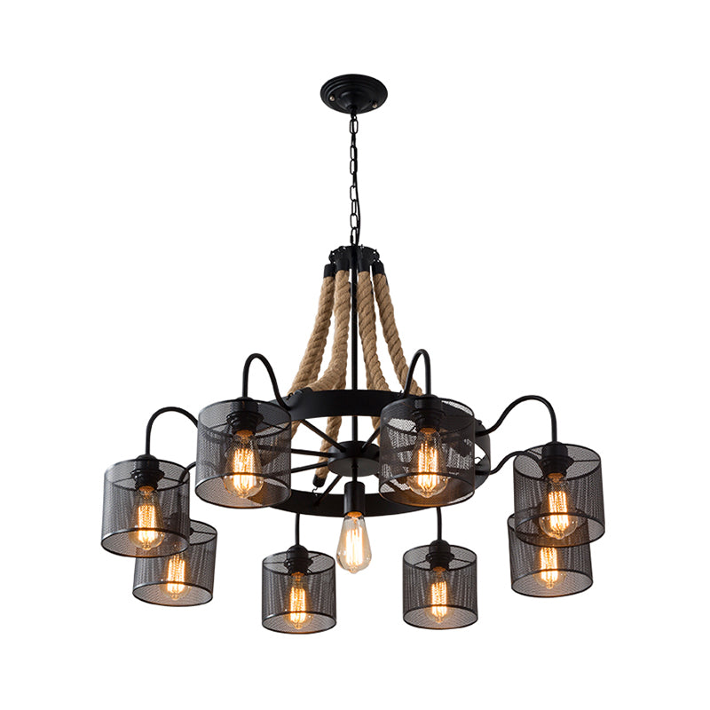 8/12-Light Cylinder Hanging Chandelier Factory Black Metal Mesh Suspension Pendant for Restaurant with Rope Cord Clearhalo 'Ceiling Lights' 'Chandeliers' 'Industrial Chandeliers' 'Industrial' 'Middle Century Chandeliers' 'Tiffany' Lighting' 1950582
