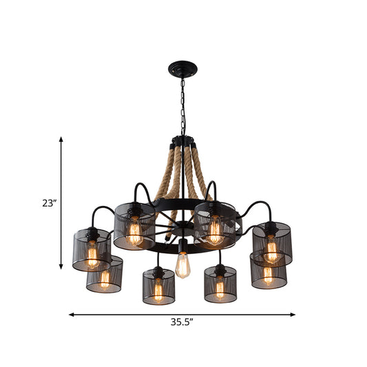 8/12-Light Cylinder Hanging Chandelier Factory Black Metal Mesh Suspension Pendant for Restaurant with Rope Cord Clearhalo 'Ceiling Lights' 'Chandeliers' 'Industrial Chandeliers' 'Industrial' 'Middle Century Chandeliers' 'Tiffany' Lighting' 1950583