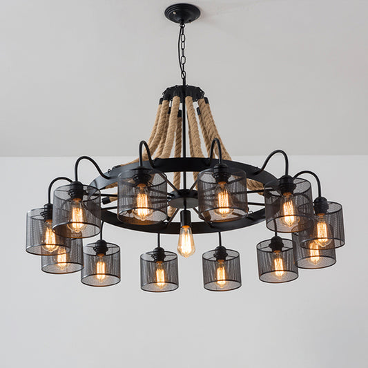 8/12-Light Cylinder Hanging Chandelier Factory Black Metal Mesh Suspension Pendant for Restaurant with Rope Cord 12 Black Clearhalo 'Ceiling Lights' 'Chandeliers' 'Industrial Chandeliers' 'Industrial' 'Middle Century Chandeliers' 'Tiffany' Lighting' 1950584
