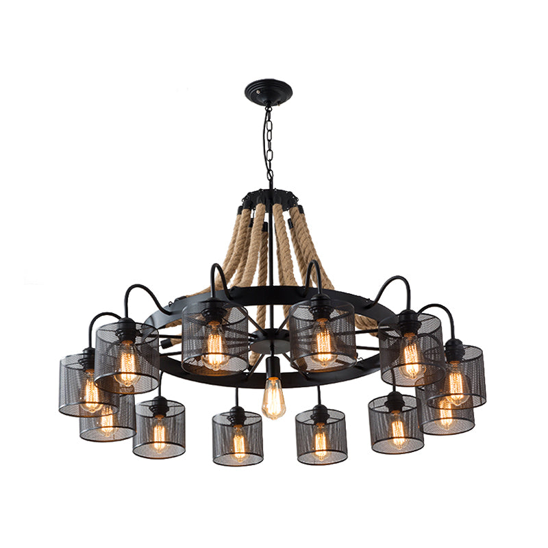 8/12-Light Cylinder Hanging Chandelier Factory Black Metal Mesh Suspension Pendant for Restaurant with Rope Cord Clearhalo 'Ceiling Lights' 'Chandeliers' 'Industrial Chandeliers' 'Industrial' 'Middle Century Chandeliers' 'Tiffany' Lighting' 1950585
