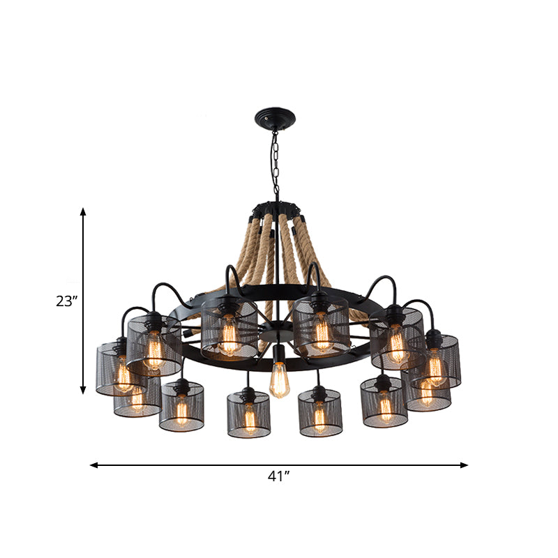 8/12-Light Cylinder Hanging Chandelier Factory Black Metal Mesh Suspension Pendant for Restaurant with Rope Cord Clearhalo 'Ceiling Lights' 'Chandeliers' 'Industrial Chandeliers' 'Industrial' 'Middle Century Chandeliers' 'Tiffany' Lighting' 1950586