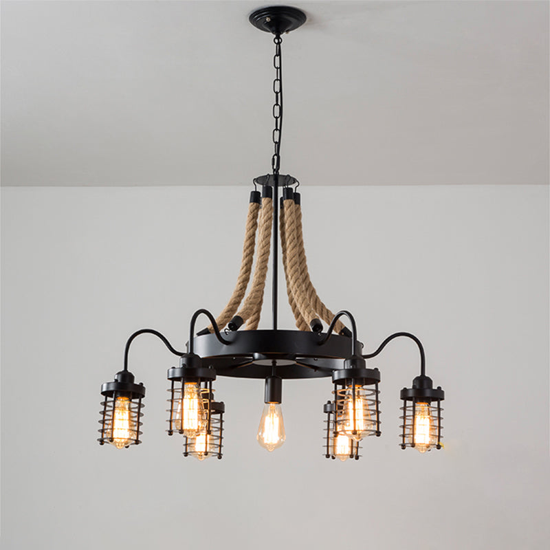 7/9 Heads Metal Ceiling Chandelier Vintage Black Cylinder Cage Rope Suspension Lamp with Wagon Wheel 7 Black Clearhalo 'Ceiling Lights' 'Chandeliers' 'Industrial Chandeliers' 'Industrial' 'Middle Century Chandeliers' 'Tiffany' Lighting' 1950587