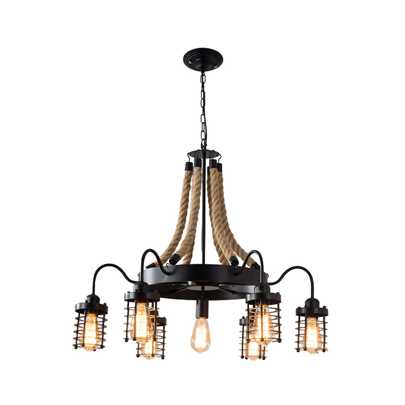 7/9 Heads Metal Ceiling Chandelier Vintage Black Cylinder Cage Rope Suspension Lamp with Wagon Wheel Clearhalo 'Ceiling Lights' 'Chandeliers' 'Industrial Chandeliers' 'Industrial' 'Middle Century Chandeliers' 'Tiffany' Lighting' 1950588