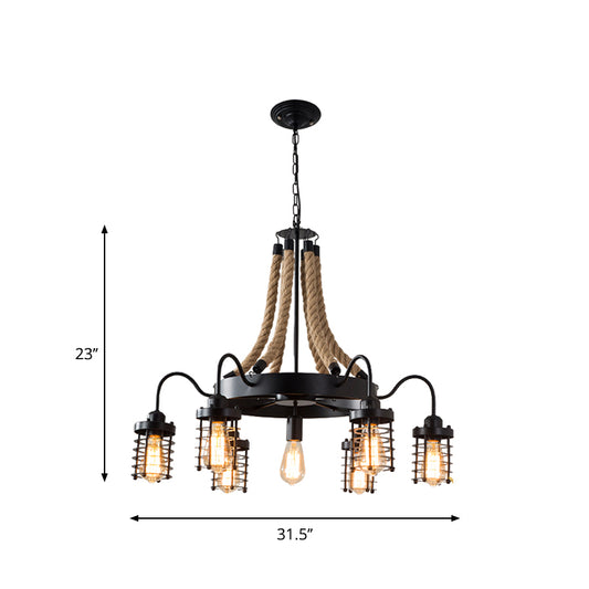 7/9 Heads Metal Ceiling Chandelier Vintage Black Cylinder Cage Rope Suspension Lamp with Wagon Wheel Clearhalo 'Ceiling Lights' 'Chandeliers' 'Industrial Chandeliers' 'Industrial' 'Middle Century Chandeliers' 'Tiffany' Lighting' 1950589