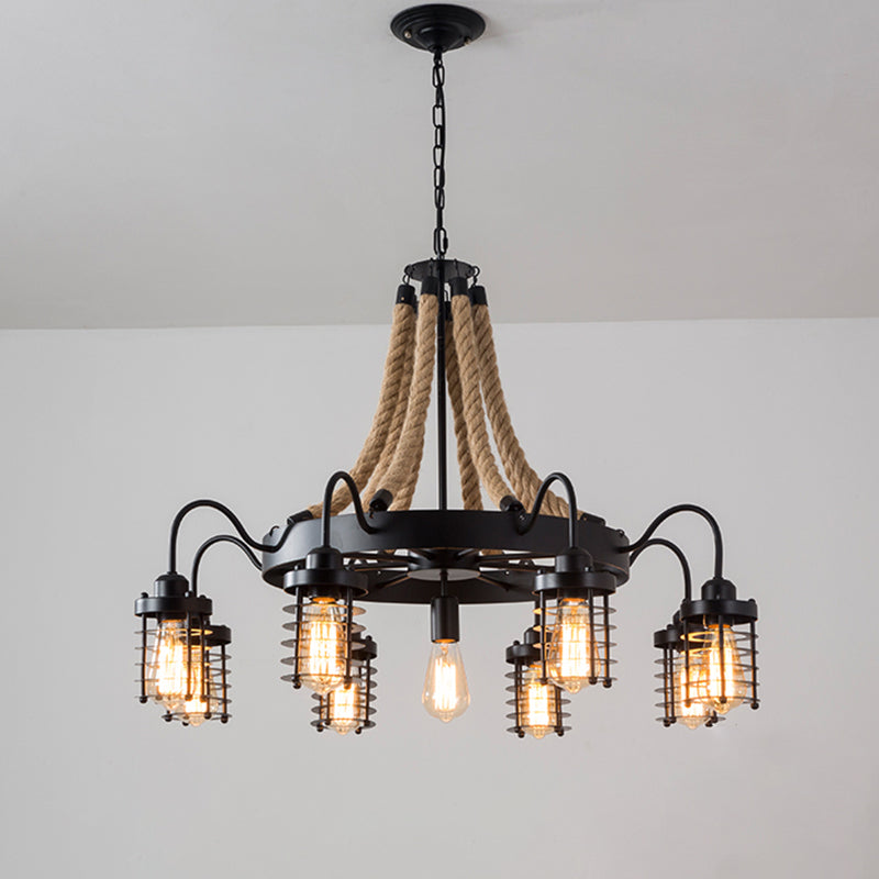 7/9 Heads Metal Ceiling Chandelier Vintage Black Cylinder Cage Rope Suspension Lamp with Wagon Wheel Clearhalo 'Ceiling Lights' 'Chandeliers' 'Industrial Chandeliers' 'Industrial' 'Middle Century Chandeliers' 'Tiffany' Lighting' 1950591
