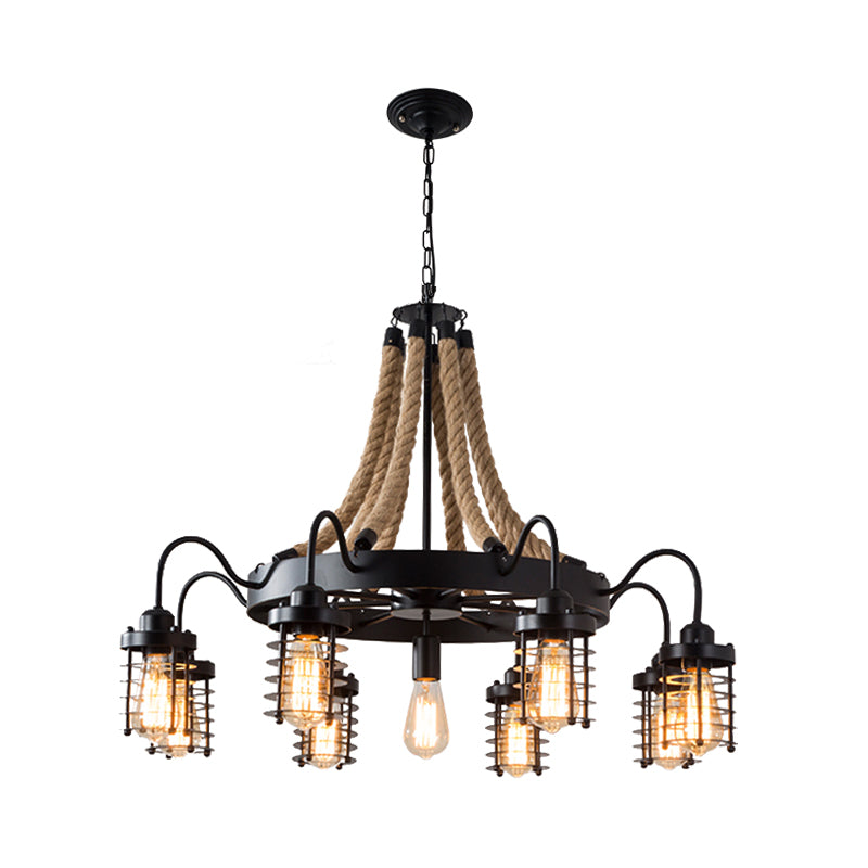7/9 Heads Metal Ceiling Chandelier Vintage Black Cylinder Cage Rope Suspension Lamp with Wagon Wheel Clearhalo 'Ceiling Lights' 'Chandeliers' 'Industrial Chandeliers' 'Industrial' 'Middle Century Chandeliers' 'Tiffany' Lighting' 1950592