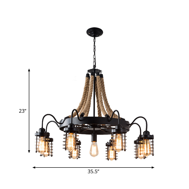 7/9 Heads Metal Ceiling Chandelier Vintage Black Cylinder Cage Rope Suspension Lamp with Wagon Wheel Clearhalo 'Ceiling Lights' 'Chandeliers' 'Industrial Chandeliers' 'Industrial' 'Middle Century Chandeliers' 'Tiffany' Lighting' 1950593