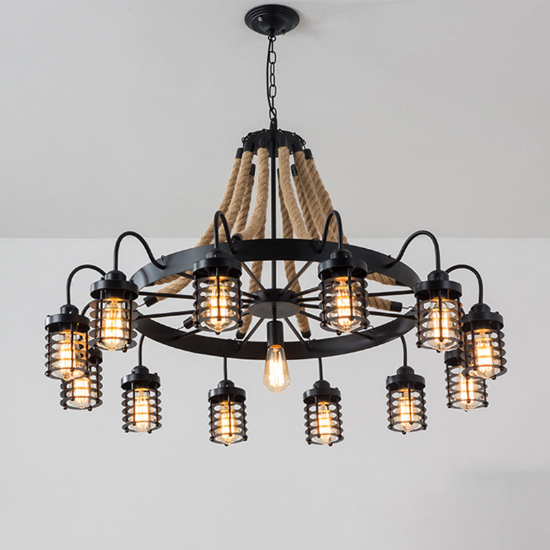7/9 Heads Metal Ceiling Chandelier Vintage Black Cylinder Cage Rope Suspension Lamp with Wagon Wheel 13 Black Clearhalo 'Ceiling Lights' 'Chandeliers' 'Industrial Chandeliers' 'Industrial' 'Middle Century Chandeliers' 'Tiffany' Lighting' 1950594
