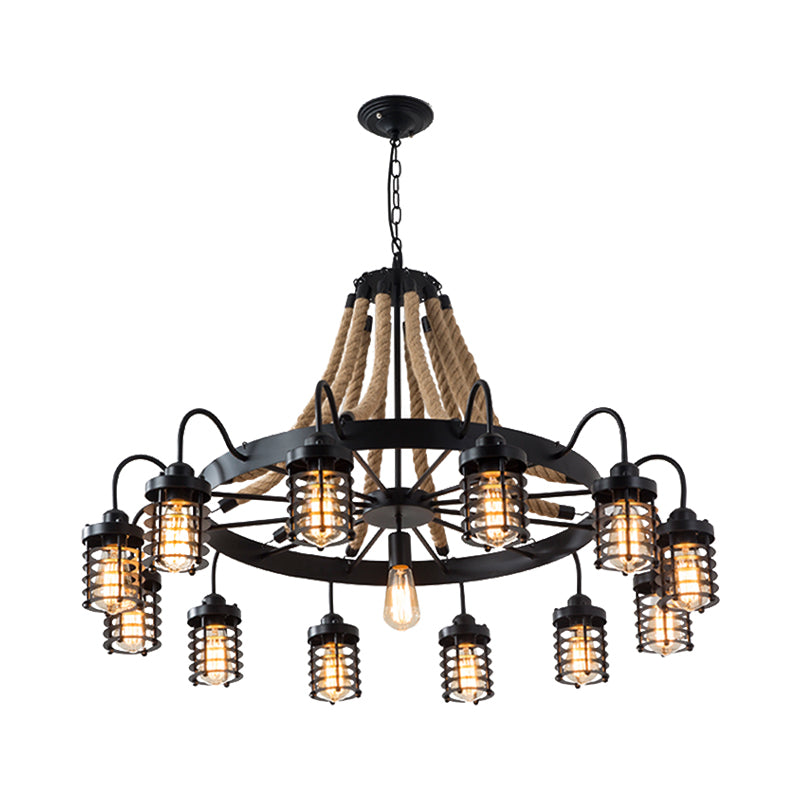 7/9 Heads Metal Ceiling Chandelier Vintage Black Cylinder Cage Rope Suspension Lamp with Wagon Wheel Clearhalo 'Ceiling Lights' 'Chandeliers' 'Industrial Chandeliers' 'Industrial' 'Middle Century Chandeliers' 'Tiffany' Lighting' 1950595