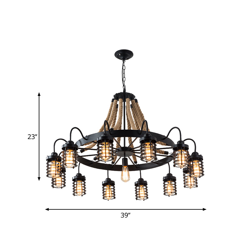 7/9 Heads Metal Ceiling Chandelier Vintage Black Cylinder Cage Rope Suspension Lamp with Wagon Wheel Clearhalo 'Ceiling Lights' 'Chandeliers' 'Industrial Chandeliers' 'Industrial' 'Middle Century Chandeliers' 'Tiffany' Lighting' 1950596