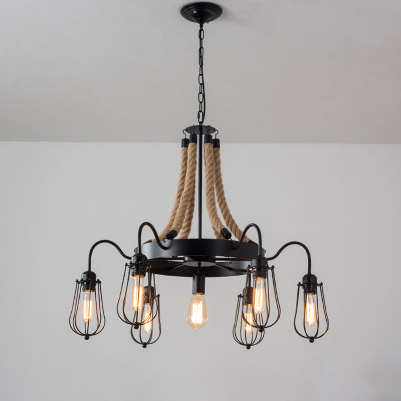 9/13 Lights Rope Chandelier Farm Style Bulb Cage Metallic Pendant Light Fixture in Black with Wheel Design 7 Black Clearhalo 'Ceiling Lights' 'Chandeliers' 'Industrial Chandeliers' 'Industrial' 'Middle Century Chandeliers' 'Tiffany' Lighting' 1950597