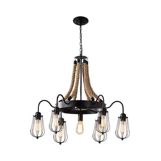 9/13 Lights Rope Chandelier Farm Style Bulb Cage Metallic Pendant Light Fixture in Black with Wheel Design Clearhalo 'Ceiling Lights' 'Chandeliers' 'Industrial Chandeliers' 'Industrial' 'Middle Century Chandeliers' 'Tiffany' Lighting' 1950598