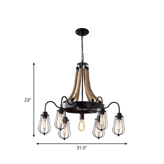 9/13 Lights Rope Chandelier Farm Style Bulb Cage Metallic Pendant Light Fixture in Black with Wheel Design Clearhalo 'Ceiling Lights' 'Chandeliers' 'Industrial Chandeliers' 'Industrial' 'Middle Century Chandeliers' 'Tiffany' Lighting' 1950599