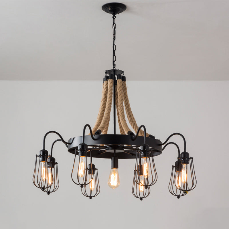 9/13 Lights Rope Chandelier Farm Style Bulb Cage Metallic Pendant Light Fixture in Black with Wheel Design Clearhalo 'Ceiling Lights' 'Chandeliers' 'Industrial Chandeliers' 'Industrial' 'Middle Century Chandeliers' 'Tiffany' Lighting' 1950601