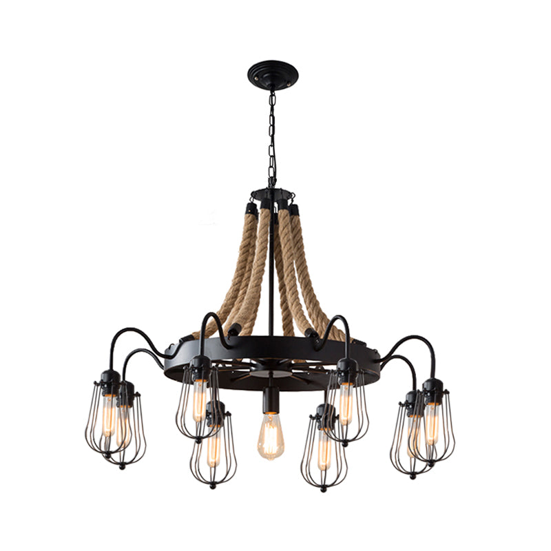9/13 Lights Rope Chandelier Farm Style Bulb Cage Metallic Pendant Light Fixture in Black with Wheel Design Clearhalo 'Ceiling Lights' 'Chandeliers' 'Industrial Chandeliers' 'Industrial' 'Middle Century Chandeliers' 'Tiffany' Lighting' 1950602
