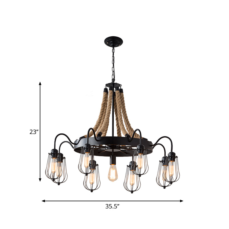9/13 Lights Rope Chandelier Farm Style Bulb Cage Metallic Pendant Light Fixture in Black with Wheel Design Clearhalo 'Ceiling Lights' 'Chandeliers' 'Industrial Chandeliers' 'Industrial' 'Middle Century Chandeliers' 'Tiffany' Lighting' 1950603
