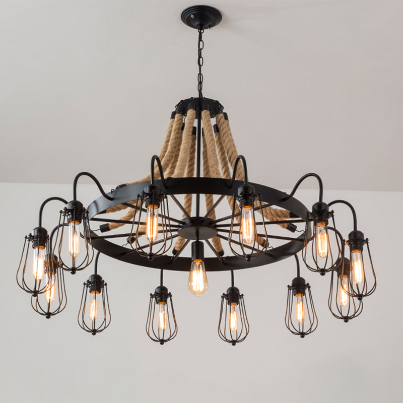9/13 Lights Rope Chandelier Farm Style Bulb Cage Metallic Pendant Light Fixture in Black with Wheel Design 13 Black Clearhalo 'Ceiling Lights' 'Chandeliers' 'Industrial Chandeliers' 'Industrial' 'Middle Century Chandeliers' 'Tiffany' Lighting' 1950604