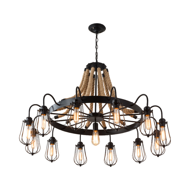 9/13 Lights Rope Chandelier Farm Style Bulb Cage Metallic Pendant Light Fixture in Black with Wheel Design Clearhalo 'Ceiling Lights' 'Chandeliers' 'Industrial Chandeliers' 'Industrial' 'Middle Century Chandeliers' 'Tiffany' Lighting' 1950605