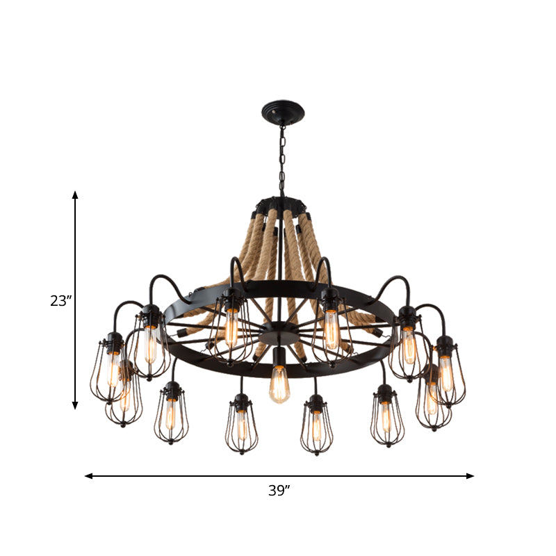 9/13 Lights Rope Chandelier Farm Style Bulb Cage Metallic Pendant Light Fixture in Black with Wheel Design Clearhalo 'Ceiling Lights' 'Chandeliers' 'Industrial Chandeliers' 'Industrial' 'Middle Century Chandeliers' 'Tiffany' Lighting' 1950606